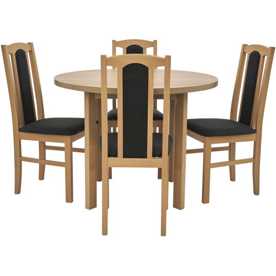 Prezentare produs din lateral Set masa cu 4 scaune tapitate MB 12 Poli2 si S 37 Boss7 S11 Sonoma lemn masiv de fag si stofa scaled 1