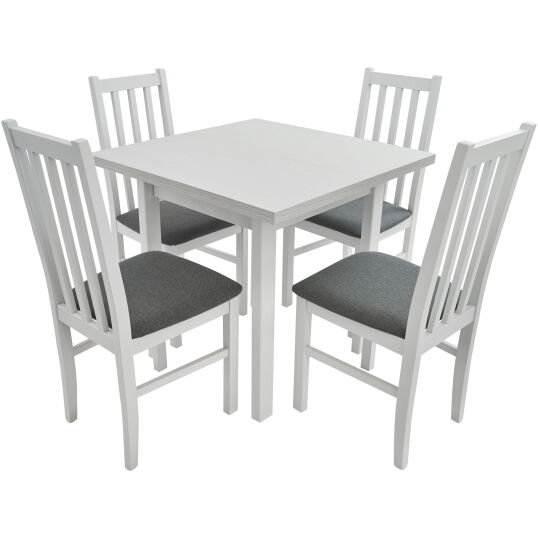 Set masa extensibila 80x110 cm cu 4 scaune tapitate, MB-13 Max7 si S-38 Boss10 B10, Alb, lemn masiv, stofa